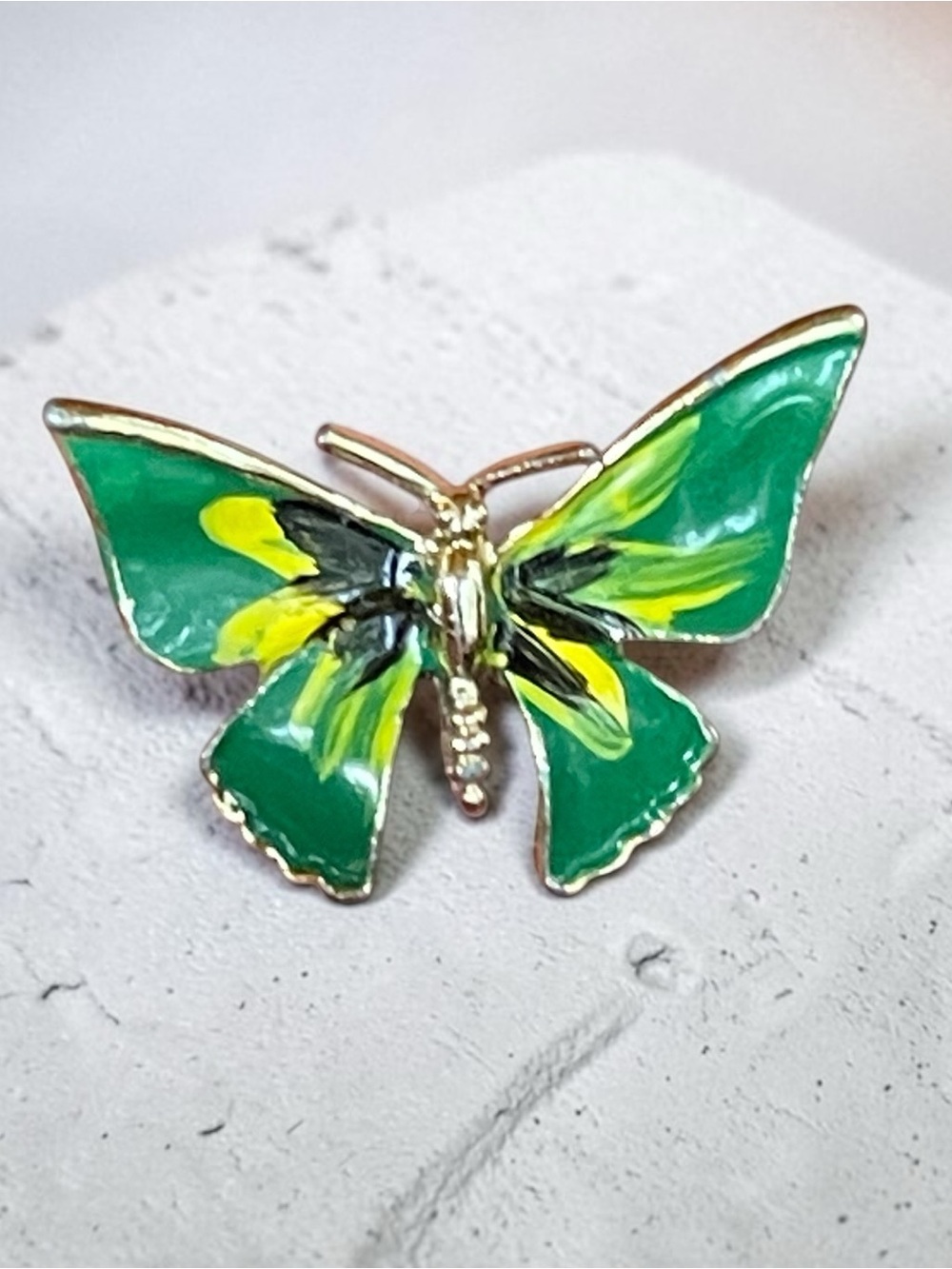 Vintage Green Yellow Enamel Butterfly Brooch Pin